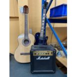 AN ELECTRIC GUITAR, ACCOUSTIC GUITAR AND A MARSHALL AMPLIFIER IN WORKING ORDER AT TIME OF