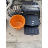 AN ASSORTMENT OF ITEMS TO INCLUDE BUCKETS, HANGING BASKETS AND A CARAVAN STEP