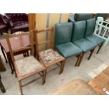 A PAIR OF EDWARDIAN BEDROOM CHAIRS AND THREE FAUX LEATHER DINING CHAIRS