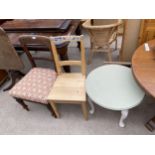 A VICTORIAN DINING CHAIR, KITCHEN CHAIR AND PAINTED COFFEE TABLE