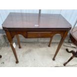 A MAHOGANY GEORGE III STYLE MAHOGANY FOLD-OVER CARD TABLE WITH SINGLE DRAWER, 30" WIDE