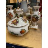A QUANTITY OF CERAMIC VASES, A SERVING DISH, STORAGE JAR, ETC DECORATED WITH FRUIT AND WITH GILT