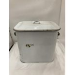 A VINTAGE ENAMEL WHITE BREAD BIN HEIGHT 31CM, LENGTH 34CM, DEPTH 26CM - MOST OF WRITING WORN OFF