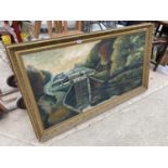 A LARGE GILT FRAMED OIL ON CANVAS OF CANAL LOCK SYSTEM