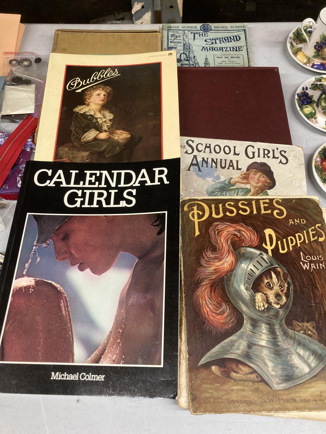 A QUANTITY OF VINTAGE BOOKS TO INCLUDE THE STRAND MAGAZINE, CALENDAR GIRLS, LOUIS WAIN 'PUSSIES