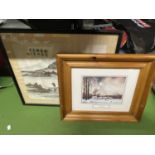 A FRAMED JAPENESE SILK AND A FRAMED PRINT OF A WATERCOLOUR OF A WINTER SCENE 'WINTER MORNING' BY