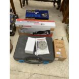 ASSORTED TOOLS TO INCLUDE A SAW, AIR INFLATOR, CAMPING BURNER AND A CASED EINHALL DRILL