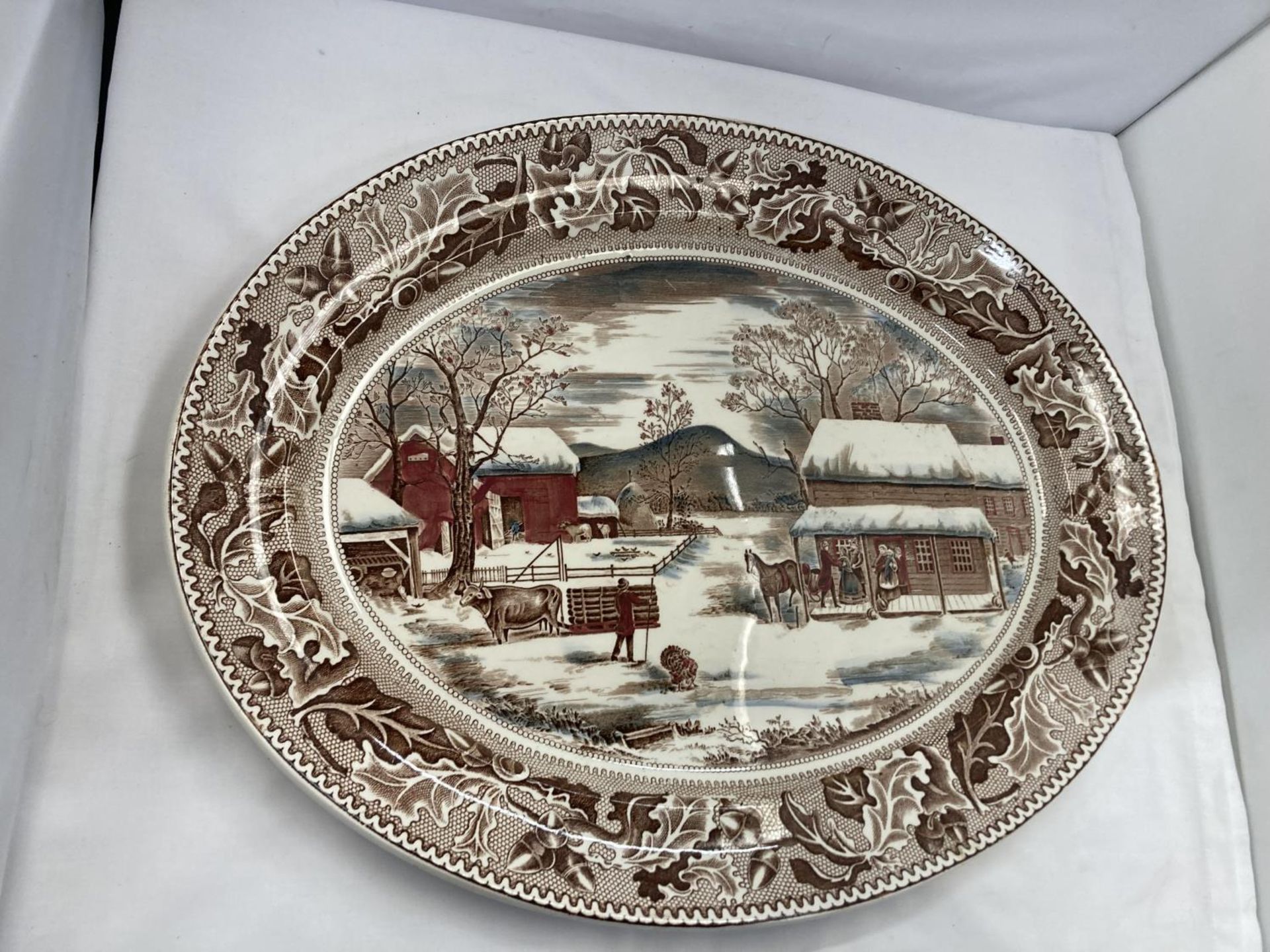 A LARGE JOHNSON BROS OVAL MEAT PLATTER WITH A FARMYARD SCENE - HOME FOR HISTORIC AMERICA - Image 3 of 9