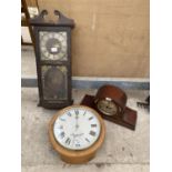 THREE CLOCKS TO INCLUDE A NAPOLEON HAT MANTLE AND A PINE WALL CLOCK ETC