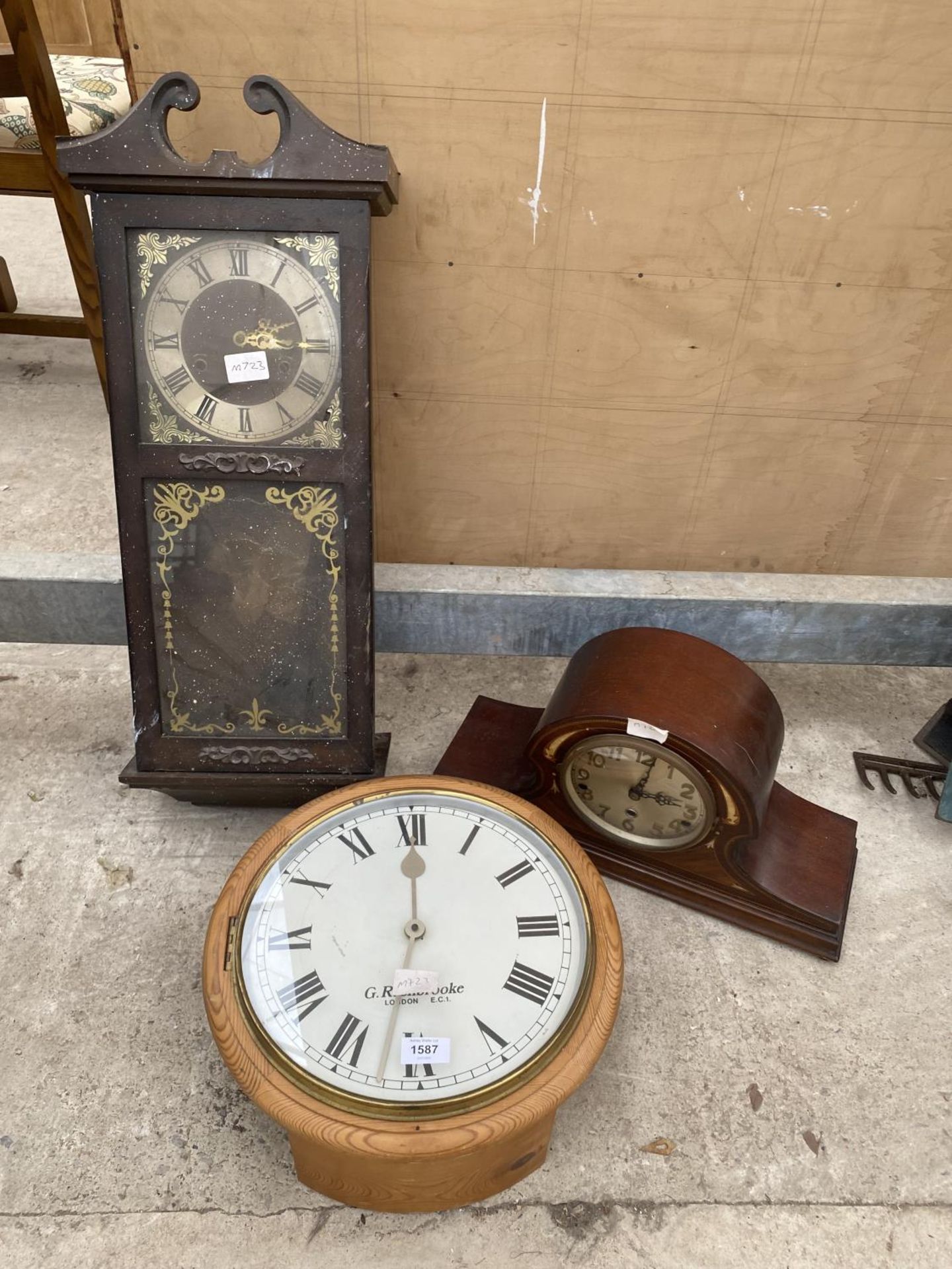 THREE CLOCKS TO INCLUDE A NAPOLEON HAT MANTLE AND A PINE WALL CLOCK ETC