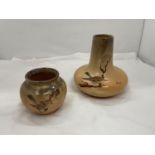 TWO STUDIO POTTERY VASES DECORATED WITH SPARROWS, SIGNED. HEIGHT 14CM AND 8CM