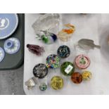 A QUANTITY OF GLASS PAPERWEIGHTS TO INCLUDE FISHES, MILLEFIORI STYLE, FLORAL, ETC