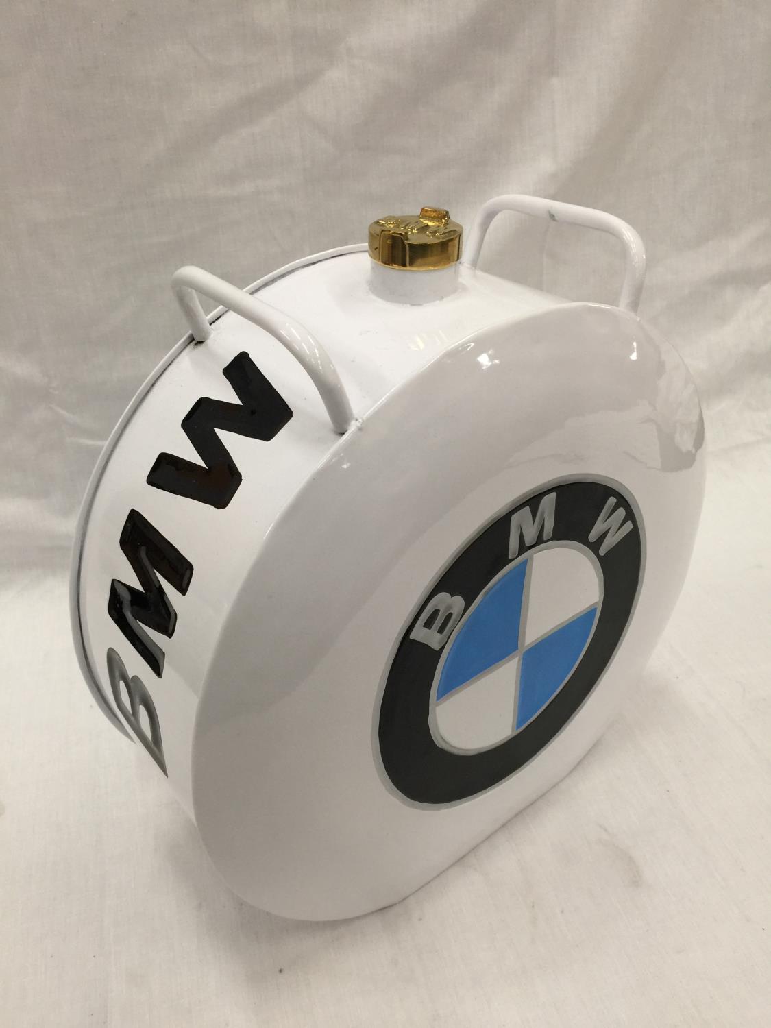 A WHITE BMW PETROL CAN