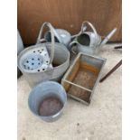 FIVE GALVANISED ITEMS TO INCLUDE TWO WATERING CANS, A MOP BUCKET, A BUCKET AND A TRAY