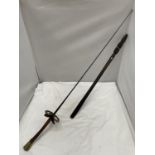 A VINTAGE RAPIER SWORD LENGTH APPROX 89CM AND A HAND CARVED AFRICAN WEAPON LENGTH 59CM