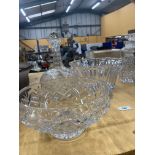 A QUANTITY OF LEAD CUT CRYSTAL GLASS TO INCLUDE DECANTERS, BOWLS AND A BASKET