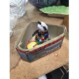 A VINTAGE CLOCKWORK DRUMMING PANDA WITH KEY AND ORIGINAL BOX