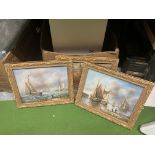 THREE GILT FRAMED PRINTS OF SAILING BOATS 'FRENCH BARGES AT WORK', 'BARGES GOING TO SEA' AND 'A