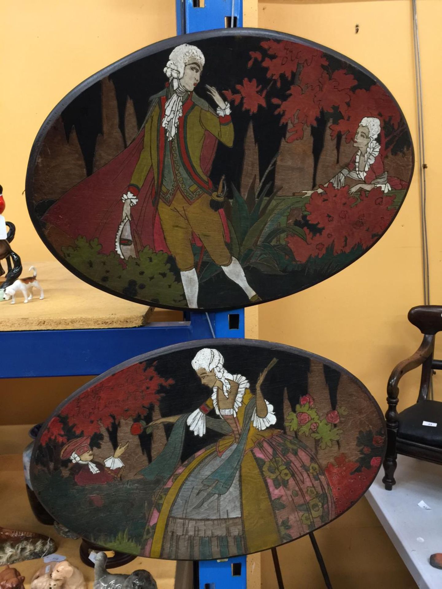 TWO OVAL POKER WORK WOODEN PLAQUES DIAMETER 59CM
