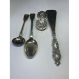 FOUR MARKED SILVER ITEMS TO INCLUDE A PEPPER POT, TWO SPOONS AND A SILVER HANDLED SHOE HORN GROSS