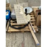 A PALLET OF HOUSEHOLD CLEARANCE ITEMS TO INCLUDE CURTAINS, LAMP SHADE, CURTAIN POLES ETC