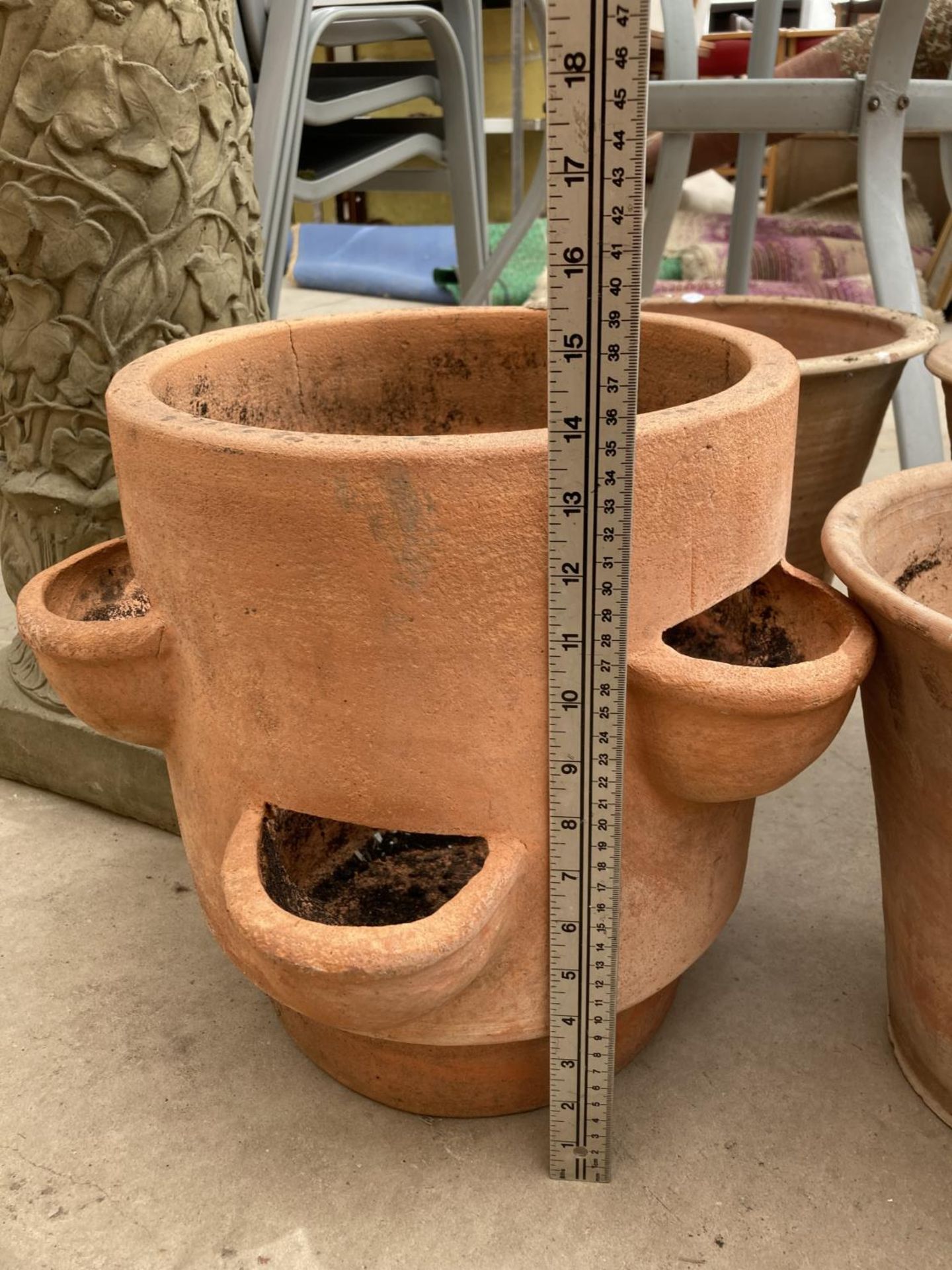 SEVEN LARGE TERRACOTTA PLANTERS TO INCLUDE A STRAWBERRY/HERB POT - Image 5 of 8