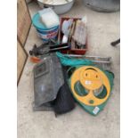 AN ASSORTMENT OF ITEMS TO INCLUDE A WELDING MASK. TILE CUTTERS AND SPIRIT LEVELS ETC