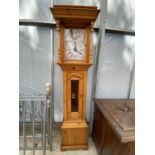 A MODERN PINE LONGCASE CLOCK WITH GLASS DOOR AND QUARTZ MOVEMENT