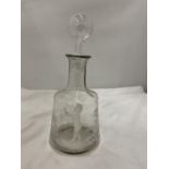 A MARY GREGORY GLASS DECANTER WITH HAND PAINTED SCENE AND PONTIL MARK, HEIGHT 23CM