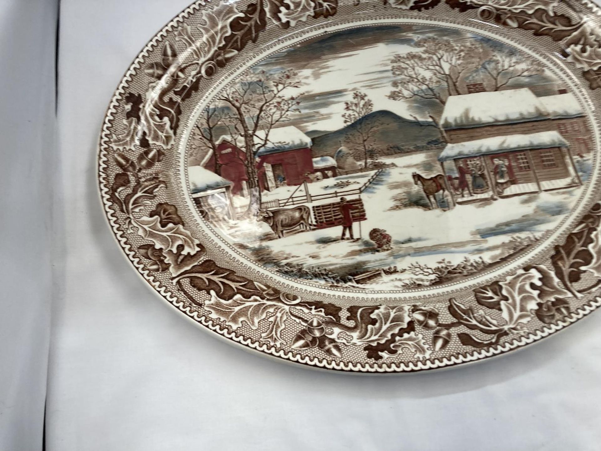 A LARGE JOHNSON BROS OVAL MEAT PLATTER WITH A FARMYARD SCENE - HOME FOR HISTORIC AMERICA - Image 4 of 9