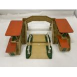 A COLLECTION OF HORNBY-DUBLO 1930'S ITEMS TO INCLUDE TWO STATIONS A BRIDGE AND A LEVEL CROSSING