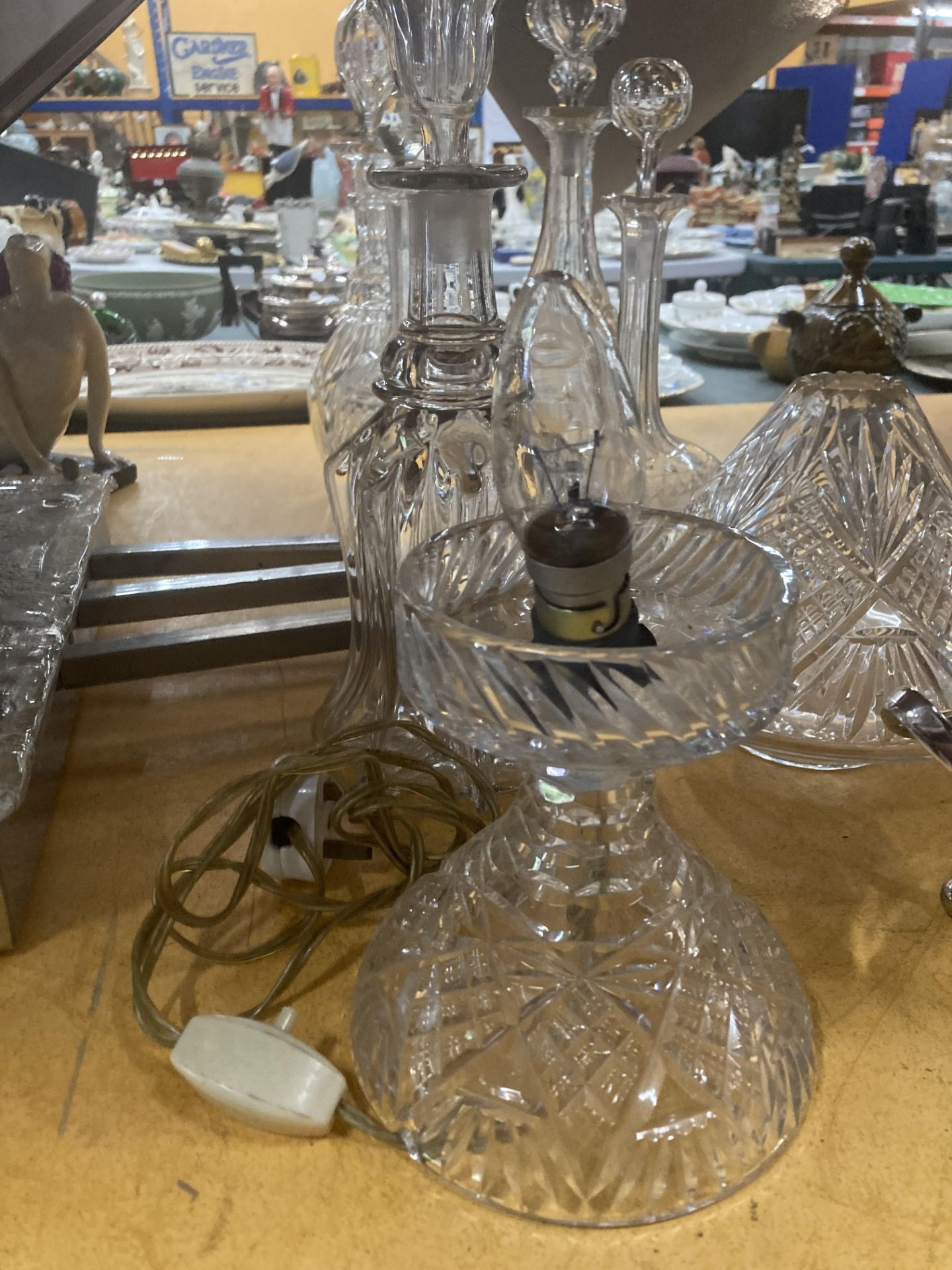 EIGHT CUT GLASS DECANTERS, VASES, LAMPS ETC. - Image 3 of 11