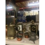 TWO BANKERS STYLE LAMPS, TWO CARRIAGE CLOCKS, COPPER JUG AND SMALL PANS, BRASS TANKARD, ETC