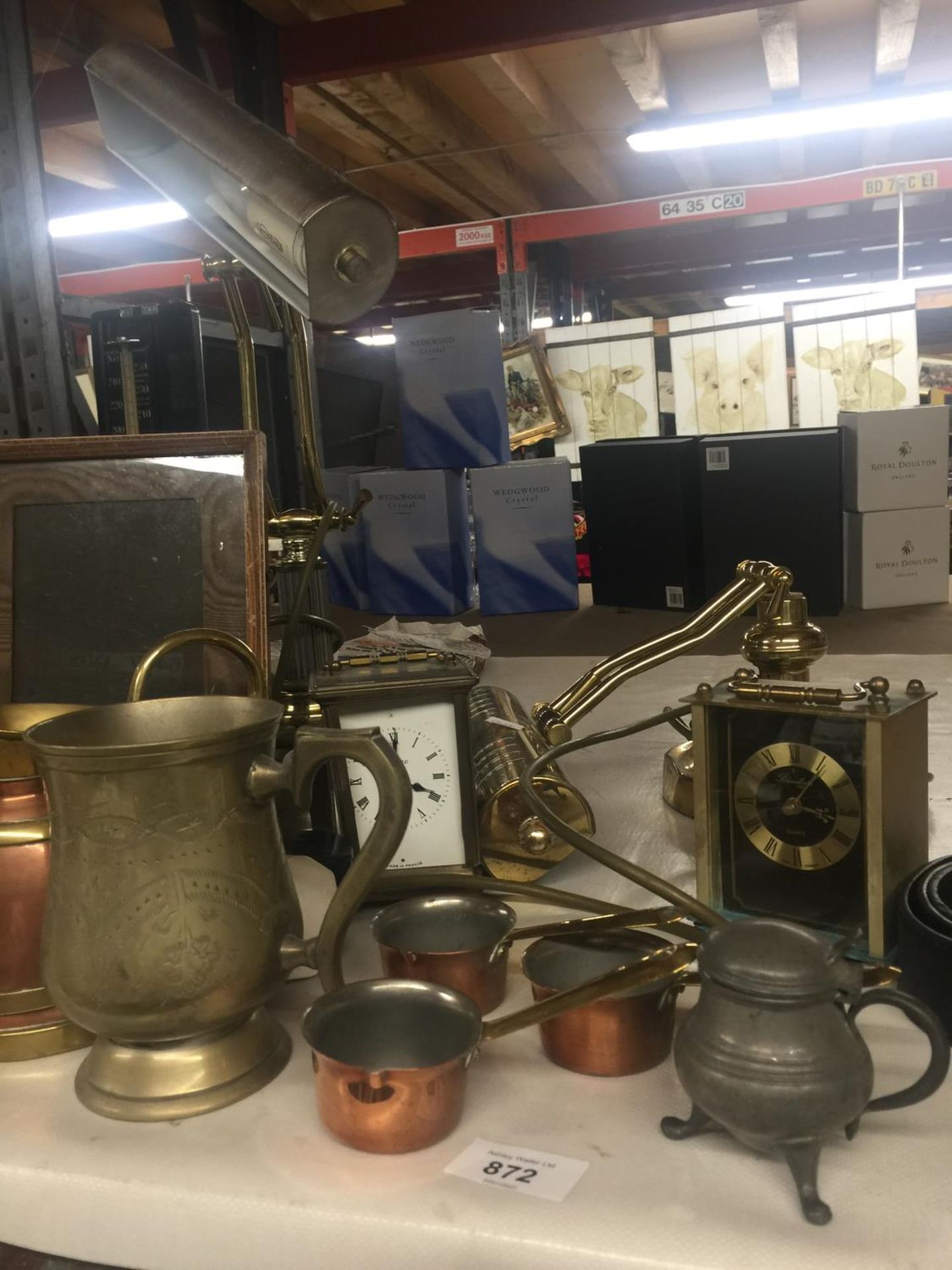 TWO BANKERS STYLE LAMPS, TWO CARRIAGE CLOCKS, COPPER JUG AND SMALL PANS, BRASS TANKARD, ETC