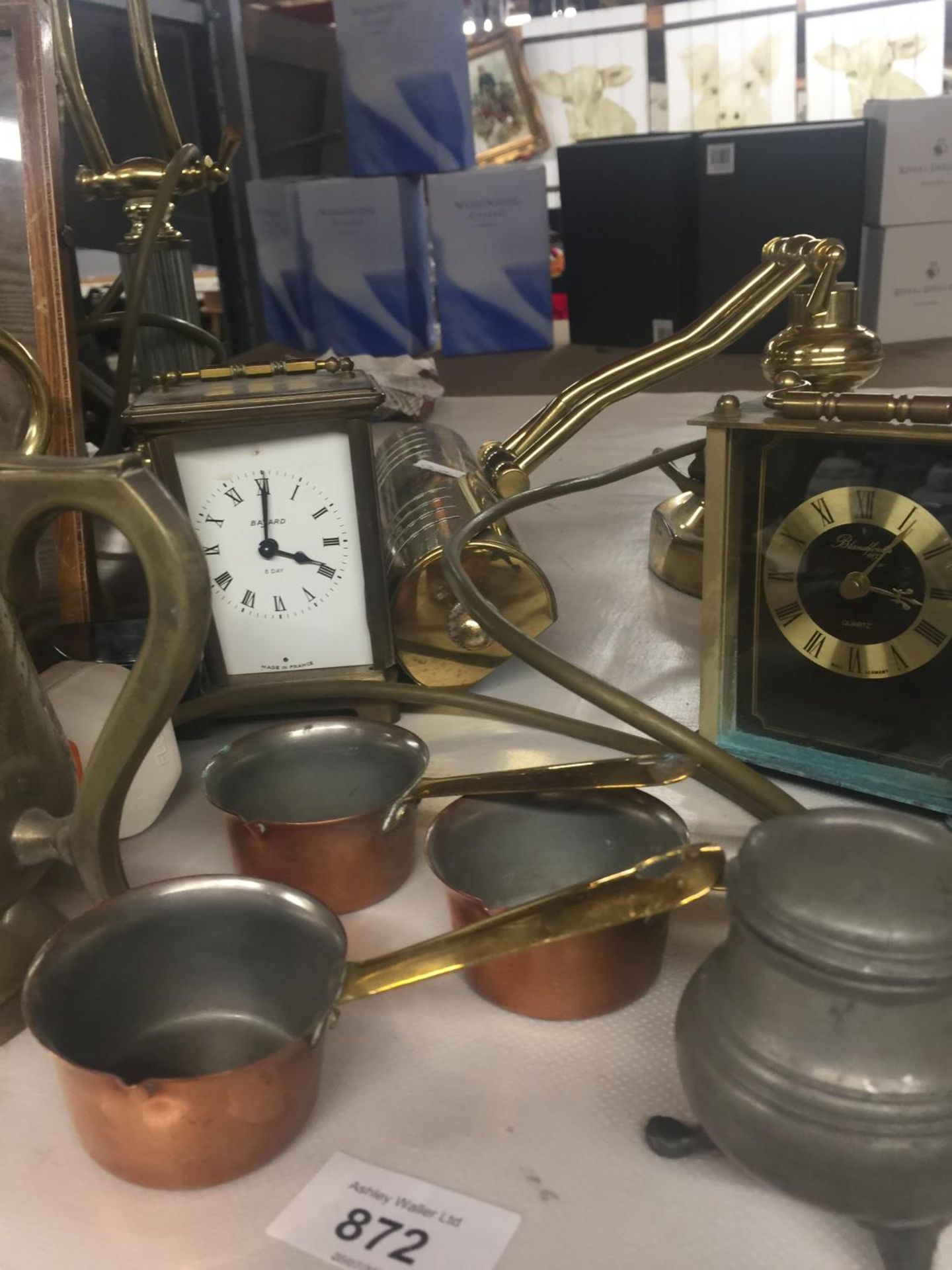 TWO BANKERS STYLE LAMPS, TWO CARRIAGE CLOCKS, COPPER JUG AND SMALL PANS, BRASS TANKARD, ETC - Image 2 of 6