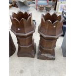 TWO SALT GLAZED CHIMNEY POTS WITH CROWN TOPS