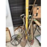 VARIOUS TOOLS TO INCLUDE A LARGE SPIRIT LEVEL, SHOVEL, SPADE, RAKE, HANGING BASKETS ETC