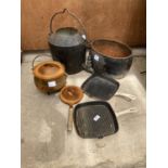 VARIOUS CAST IRON ITEMS TO INCLUDE A LIDDED PT, GRIDDLE PANS, A VESSEL WITH TAP ETC