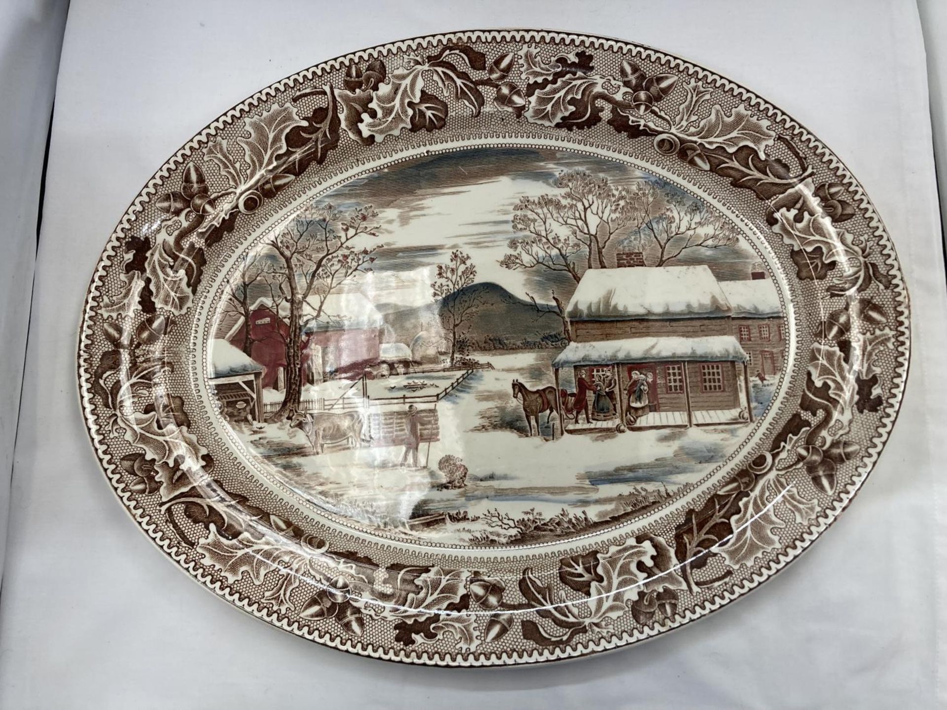 A LARGE JOHNSON BROS OVAL MEAT PLATTER WITH A FARMYARD SCENE - HOME FOR HISTORIC AMERICA - Image 2 of 9