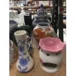 AN ASSORTMENT OF CERAMICS TO INCLUDE A LARGE BLUE AND WHITE SPODE SERVING BOWL, YANKEE CANDLE OIL