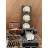 THREE ITEMS TO INCLUDE A VINTAGE TELEPHONE, A BRASS BAROMETER, CLOCK AND TEMPERATURE GUAGE ON A BASE