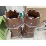 TWO SALT GLAZED CHIMNEY POTS WITH CROWN TOPS (ONE A/F)