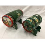 TWO VINTAGE BARRELS ON STANDS - 1 WOODEN, 1 METAL, DECORATED IN THE 'BARGE ART' STYLE WITH THE