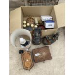 VARIOUS ITEMS TO INCLUDE TREEN, COW BELLS STONEWARE ETC