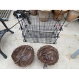 A WIRE STORAGE RACK AND TWO HANGING BASKETS