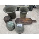SIX VINTAGE ITEMS TO INCLUDE THREE WHEEL HOBS TWO BEAKERS AND A SIGN