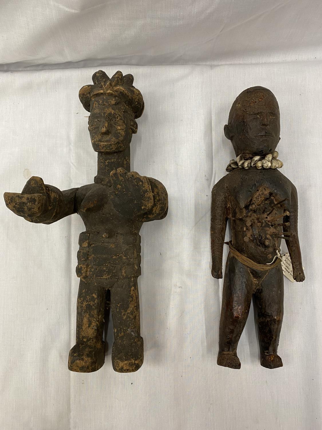 TWO HAND CARVED AFRICAN TRIBAL FIGURES, ONE BEING A FEMALE FERTILITY FIGURE. THE NAILS ARE TO - Image 2 of 16