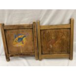 TWO VINTAGE MAHOGANY WALL HANGINGS, SIGNED FISH ARTWORK ON ONE SIDE AND CARVING TO THE OTHER SIDE