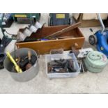 A QUANTITY OF TOOLS TO INCLUDE DRILL BITS, VICE, PLANES ETC