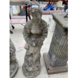 A RECONSTITUTED STONE STATUE OF A LADY WITH A DOVE H:84cm